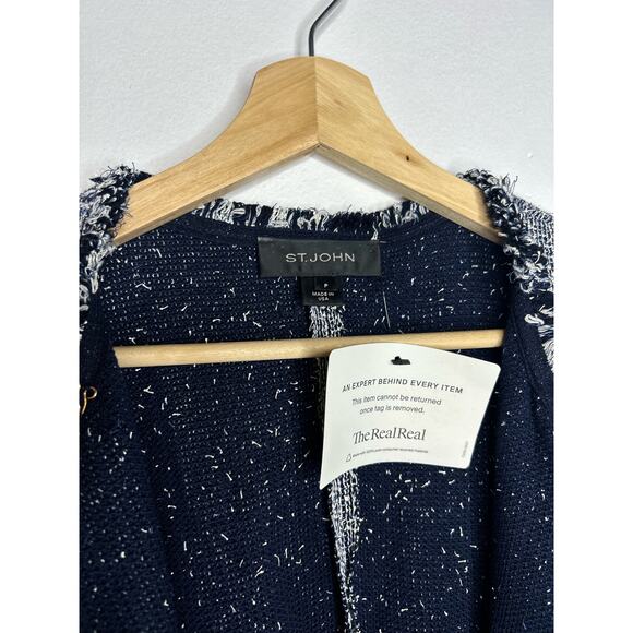 St. John Navy Fringe Hem Short Sleeve Knit Sweater Cardigan S - Picture 4 of 13